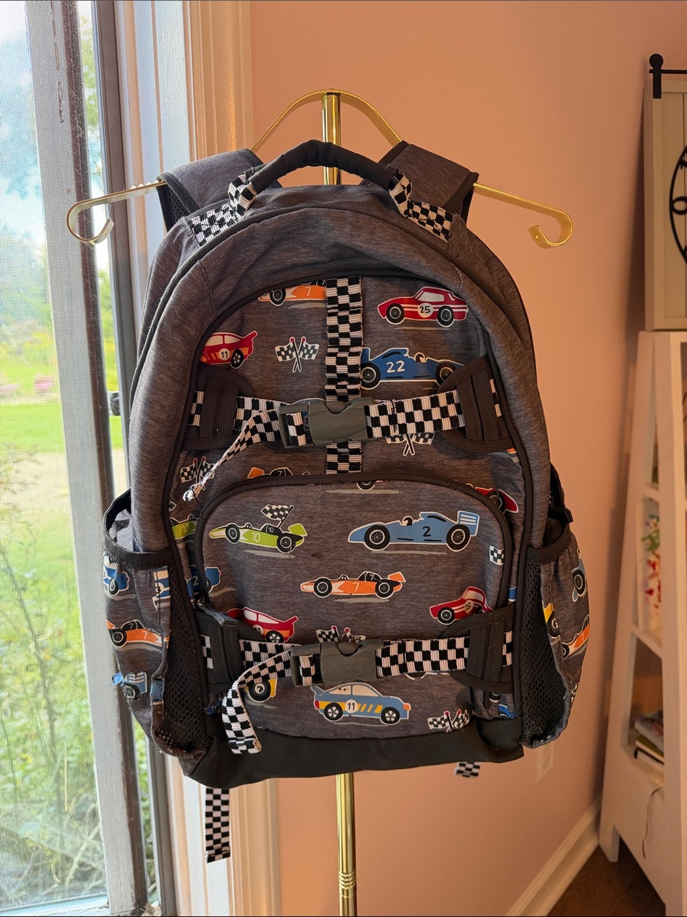 Pottery Barn Kids Gray Backpack with Multicolor Race Car Print